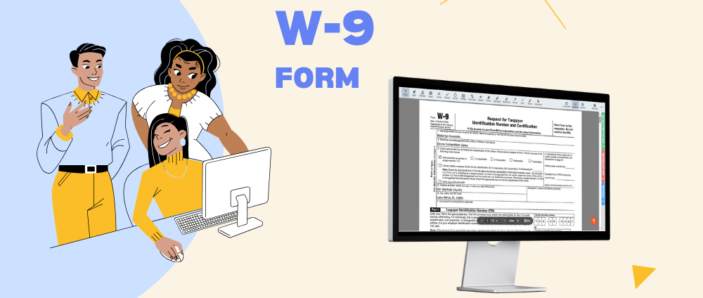 The fillable W-9 blank template on the computer and the image of the group of people